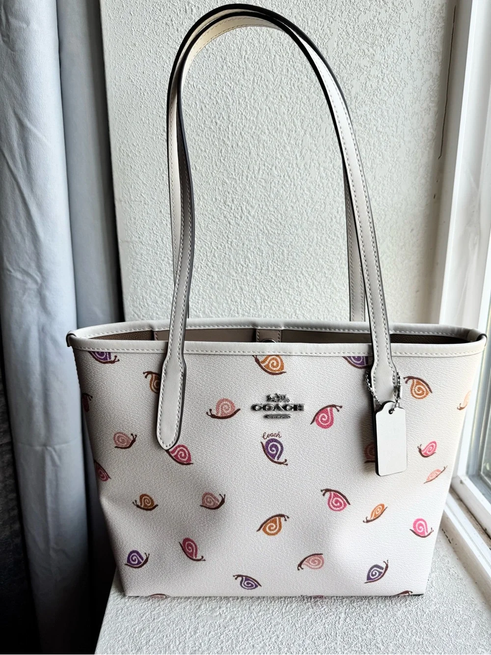 Coach Cream Leather Tote with Multicolor Snail Motif